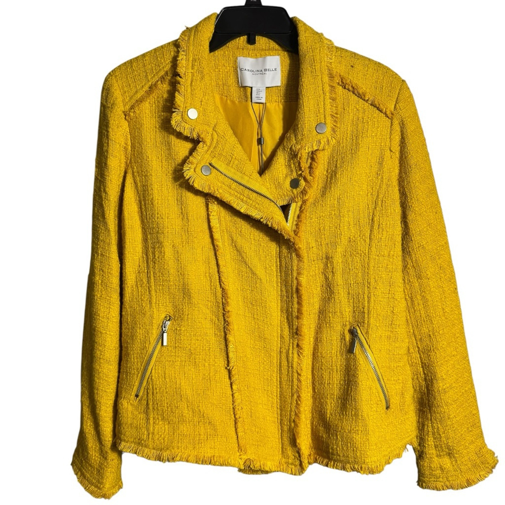 Size L CAROLINA BELLE MONTRÉAL Yellow Tweed Fringe Moto zip Front Blazer Jacket